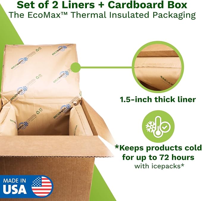 IDL Packaging 10" x 10" x 10" Insulated Shipping Box, 1.5-Gallon Capacity, Pack of 1 - Includes EcoMax™ Thermal-Paper Liners, Absorb Condensation - For Frozen Food, Meat, or Fish