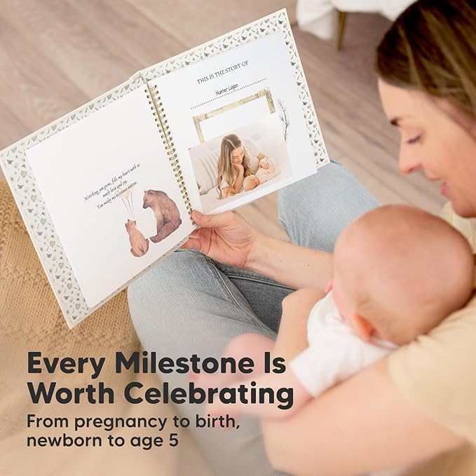First 5 Years Baby Memory Book Girl, Boy - 90 Pages Hardcover First Year Milestone Keepsake Book, Newborn Scrapbook for New Parents, Minimalist Photo Album Journal, Gift for Baby Shower (WonderLand)