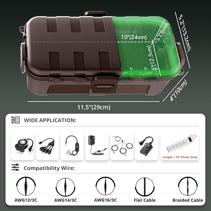 QUOBAS Outdoor Waterproof Electrical Box with 6 Cable Ports, IP54 Weatherproof Heavy-Duty Extension Cord Cover for Power Strips, Garden Power Tools, Holiday Lights, Brown