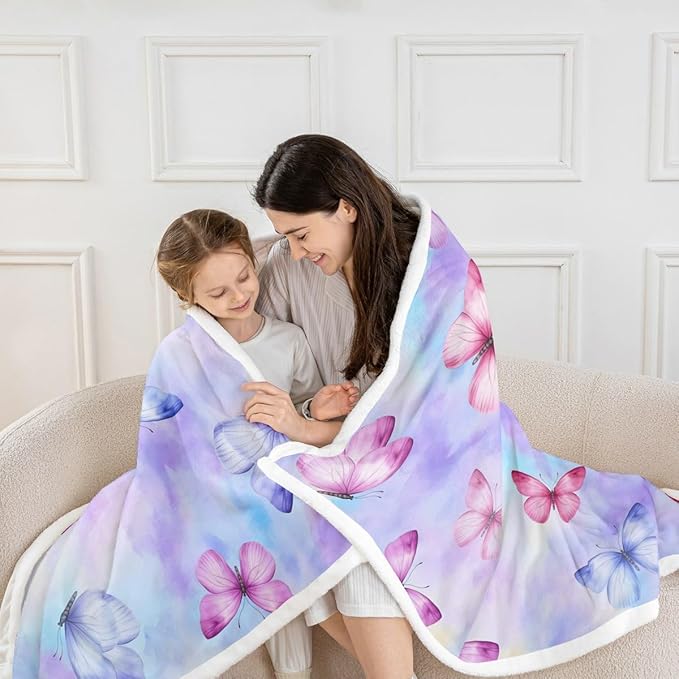 Feelyou Girls Butterfly Fleece Throw Blanket Baby 30"x40" Kids Tie Dye Watercolor Sherpa Blanket Plush Fuzzy for Bed Couch Chair Living Room, Dreamy Girly Bed Blanket Purple Blue Room Decor