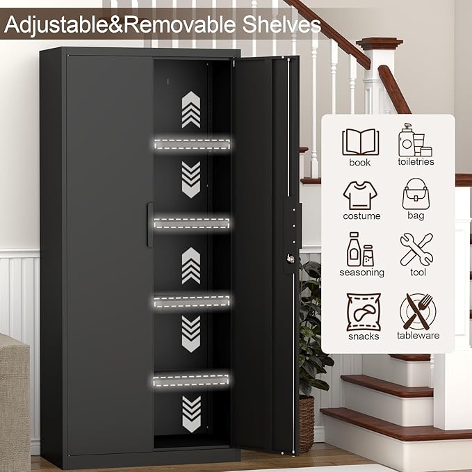 GREATMEET Metal Garage Storage Cabinets, 71" Tall Locking Cabinets with Doors and Shelves, Utility Cabinet with Lock for Garage, Home, Black