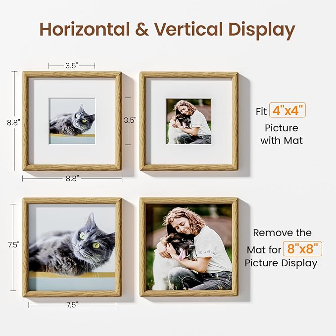 8x8 Picture Frame Natural Oak Wood From California-USA with Real Tempered Glass, Handcrafted 8 x 8 Photo Frame Matted to 4x4 Wedding Photo,Family Picture,Graduation Picture Display on Table & Wall