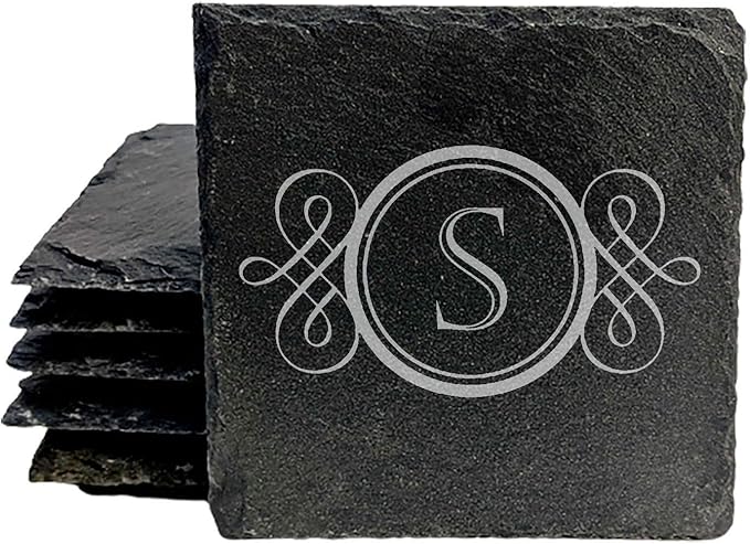 Rustic Refinement: Personalized Slate Coasters with Initial Design - Square Slate - Set of 5