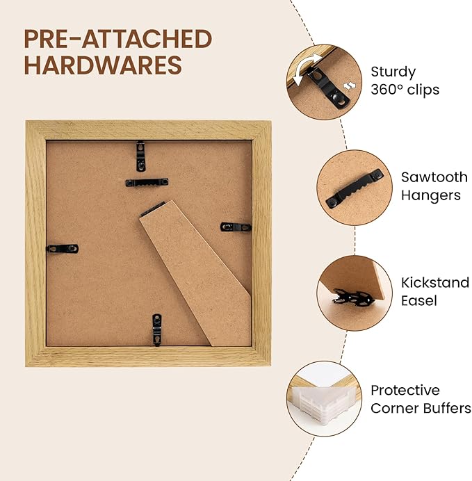 Natural Oak 8x8 Picture Frames Mat to 4x4 Picture Display,Original Wood Handcrafted Photo Frame,Wooden Frame 8x8 with Tempered Glass Graduation Family Wedding Pictures Tabletop & Wall Decor