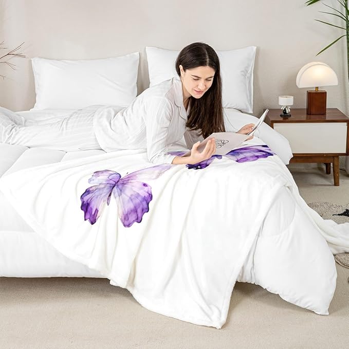 Feelyou Purple Butterfly Fleece Throw Blanket 40"x50" Kids Girls Sherpa Blanket Plush Fuzzy for Bed Couch Chair Living Room, Watercolor Bed Blanket Room Decor