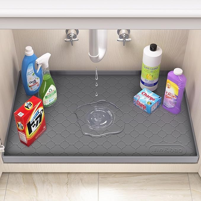 Jin&Bao Waterproof Under Sink Mat 28" x 19", Thick Silicone Mat Cabinet Protector for Kitchen and Bathroom, Shelf Liner, Home Organizer and Storage, Multipurpose Tray for Gadgets and Essentials
