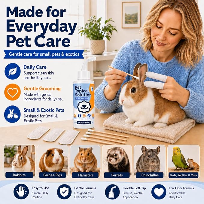 Rabbit Ear & Skin Care Solution with Soft Applicator, 2.03 fl oz | Oat & honey formula with finger wipes and cotton swabs for rabbits, guinea pigs, hamsters & chinchillas