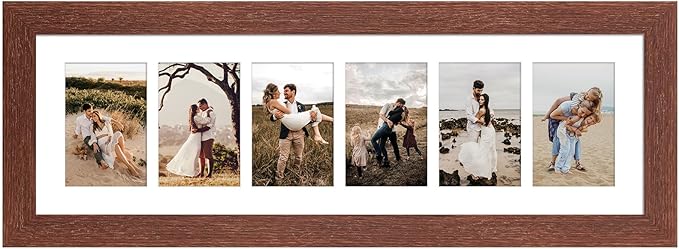 8x26 Picture Frame Display 6 opening 4X6 Picture Frame Collage,Multi Photo Frame with Mat,Plexiglass,Wall or Tabletop Decor,Walnut Wood Grain
