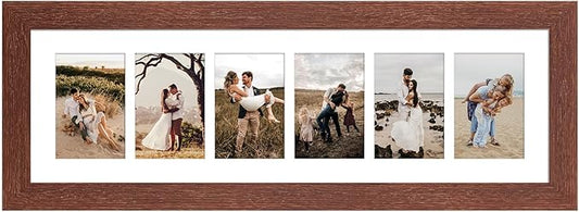 8x26 Picture Frame Display 6 opening 4X6 Picture Frame Collage,Multi Photo Frame with Mat,Plexiglass,Wall or Tabletop Decor,Walnut Wood Grain
