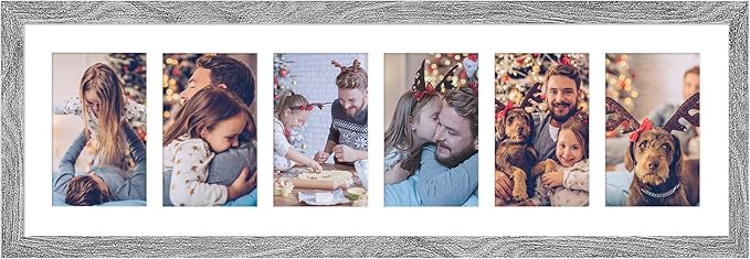 8x26 Collage frame with 6 Openings 4X6 Pictures, Multiple Picture Frame with Mat, Wall or Tabletop Decor, Grey Wood Grain (1 Pack)