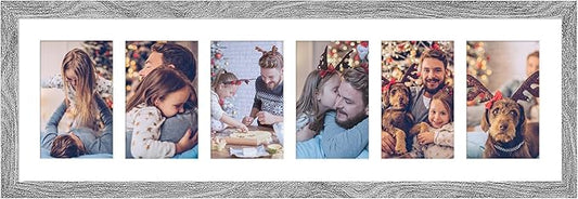 8x26 Collage frame with 6 Openings 4X6 Pictures, Multiple Picture Frame with Mat, Wall or Tabletop Decor, Grey Wood Grain (1 Pack)