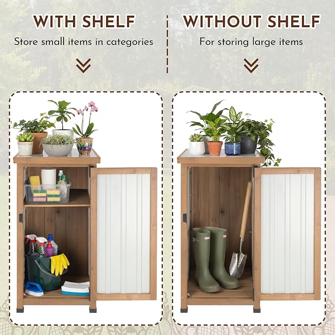 Ketive Outdoor Storage Cabinet with Metal Worktop, Small Garden Storage Cabinet with Adjustable Shelf, Weather-Resistant Fir Wood Tool Organizer for Patio, Backyard, Porch or Balcony