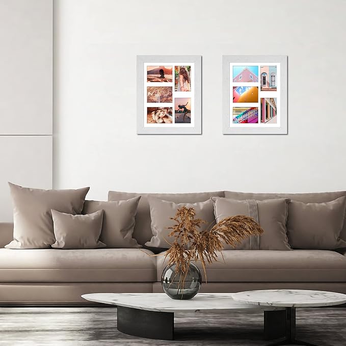 11x14 Picture Frame Display 5 opening 4X6 Picture Frame Collage,Multi Photo Frame with Mat,Plexiglass,Wall or Tabletop Decor,Distressed White Wood Grain