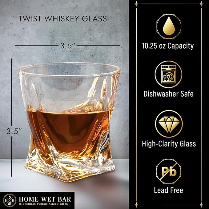 Personalized Whiskey Glasses – Custom Engraved Twist Whiskey Glass Set of 4 & Display Case with Whisky Stones by Home Wet Bar