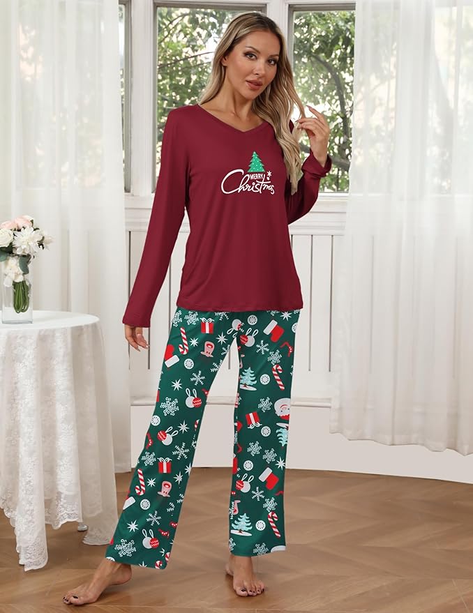 Ekouaer Womens 2 Pack Pajama Set Long Sleeve Pajamas Top and Pants V Neck Pjs Set Soft Loungewear with Pockets