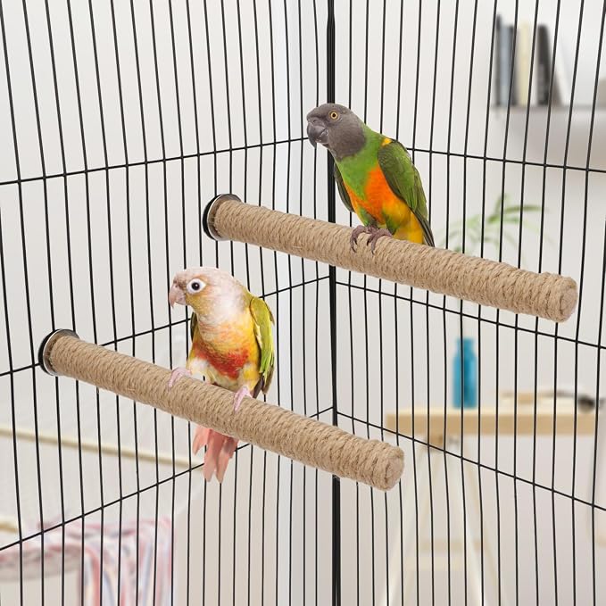 Hypeety Bird Perch Stand Natural Wood Parrot Hemp Rope Perch, 9.84''/25cm | Natural wood chewable stand, birdcage accessories toy, for macaws/cockatoos/african greys/budgies/parakeets/cockatiels, 2pcs