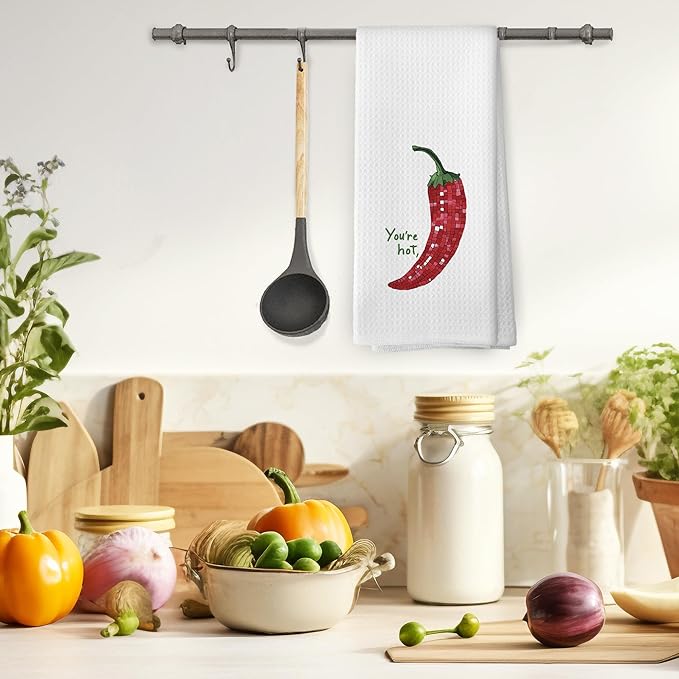 Disco Ball Chilli You're Hot Kitchen Towels, Trendy Retro Food Chilli Pepper Hand Towel, Food Lover Gift Kitchen Gift Chili Decorative Tea Towel Dish Towels 16x24 Inch