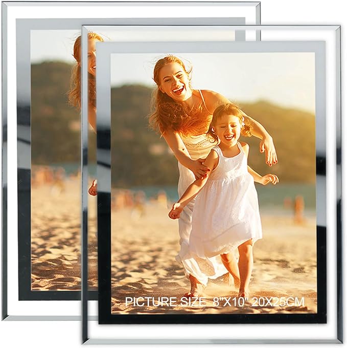 8x10 Picture Frames Silver - Set of 2, HD Real Glass 8 by 10 Photo Frame Mirrored Edge for Tabletop Display,Wedding Birthday Christmas Day Gifts (8 x 10, Silver)
