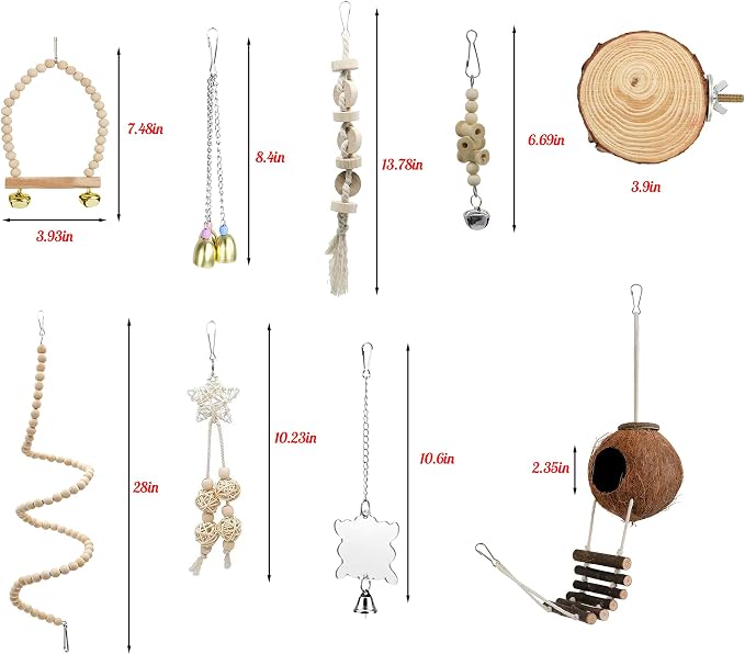 9-Piece Parakeet Toys & Budgie Toys, Bird Cage Accessories Set | Natural wood bird toys include coconut hideaway, swing, ladder, perch, mirror and hanging toys for budgies & cockatiels