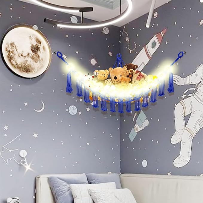 CERETIA Stuffed Animal Hammock with LED Light, Large Stuffed Animals Storage Corner Plushie Net for Kids Room Decor, Jumbo Royal Blue