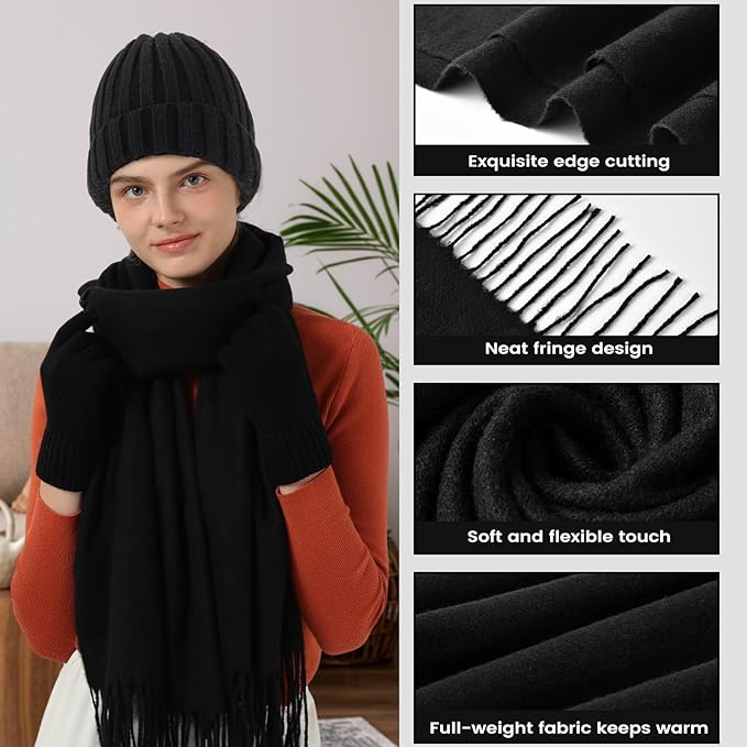 Women Winter Hat Beanie+Long Scarf+Touch Screen Gloves Set, Warm Clothes Set with Knit Fleece Lined for Women/Men Winter