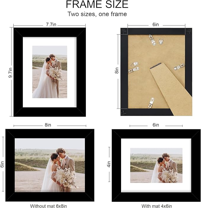 6x8 Picture Frame Set of 4, Made of Real Glass and Black Frame - Display Picture 4x6 with Mat or 6x8 Without Mat, 6 by 8 Photo for Wall or Tabletop