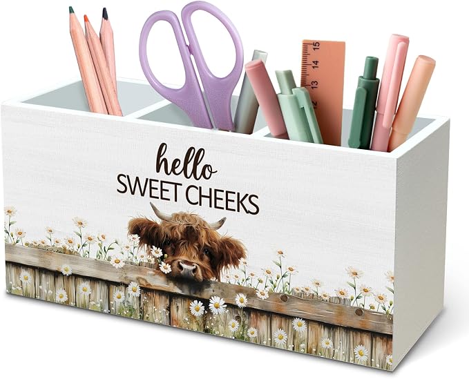 DILSJ Rustic Western Highland Cow Pen Pencil Holder Organizer for Desk, Highland Cow Gifts for Women, Hello Sweet Cheeks Wooden Box Signs for Home Office Desk Tabletop Decoration
