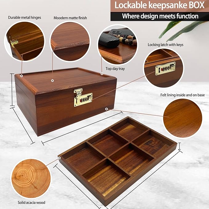 Large Acacia Wooden Storage Box with Hinged Lid and Combination Lock Decorative Boxes with Removable Tray Memory Box Keepsake Chest Stash Boxes Lockable Chest for Jewelry Accessories Treasured Items