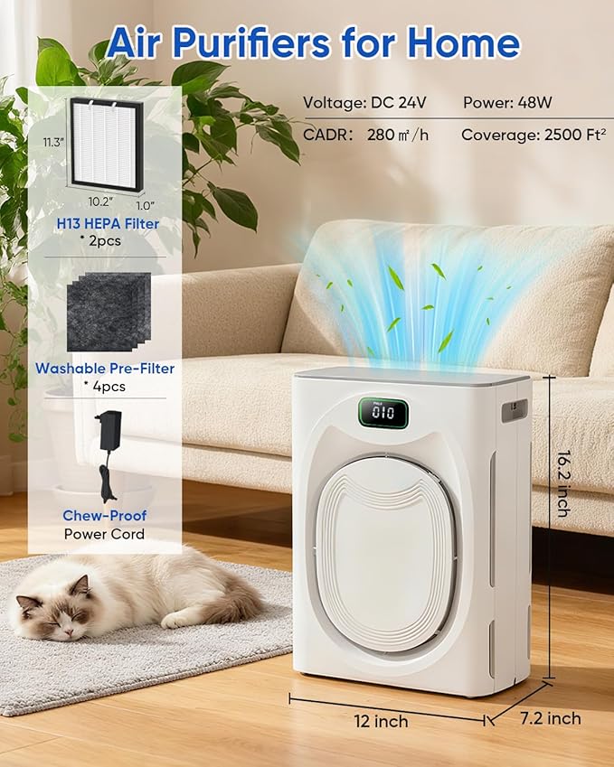 Pet Air Purifier for Home Large Room Bedroom 2500 Ft² with Washable Filters, H13 HEPA Double-Sided Filter Air Purifier with Smart WiFi, Quiet Air Cleaner for Smoke Dust Cat Hair Pets Odor