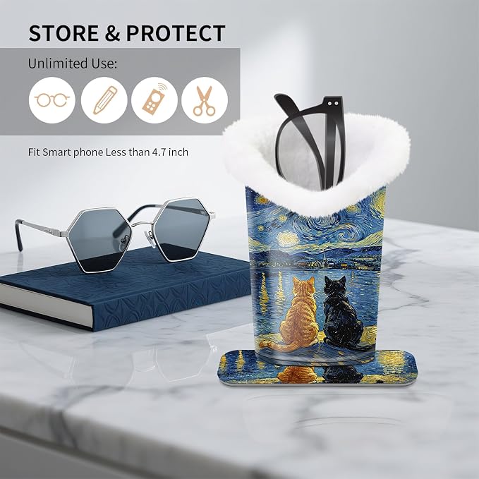 Plush Lined Eyeglasses Holder, Cute Magnetic PU Leather Glasses Stand Case for Women Men Kids