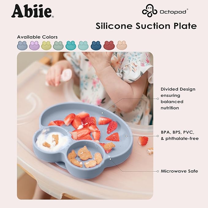 Abiie Octopod Frog Silicone Plates with Suction - Spill Proof, Easy to Clean - BPA-Free Bowl - Suction Plates for Baby and Toddler - Training & Feeding Divided Grip Dish (Baby Blue)