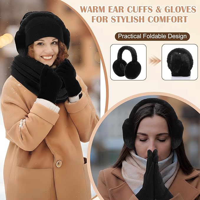 Geyoga 6 Pcs Women Winter Beanie Hat Scarf Gloves Ear Muffs Fuzzy Socks Set, Touchscreen Gloves for Thermal Gift Cold Weather