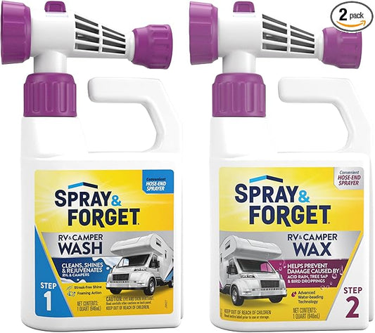 Spray & Forget RV & Camper Wash and Wax Combo, Includes RV & Camper Wash (1 Quart) and RV & Camper Wax (1 Quart) with Convenient, Ready-to-Use Hose End Adapters