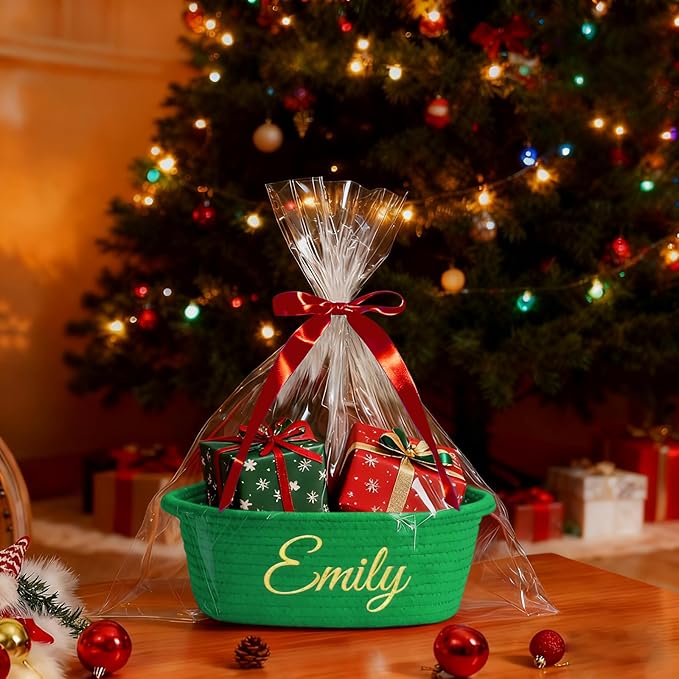 HUTARIO Personalized Woven Christmas Burr Basket Embroidered Name with Gift Bags and Ribbons,Empty Small Rope Basket，Durable Storage Custom Green Basket with Handles for Baby Showers,12"×8"×5"