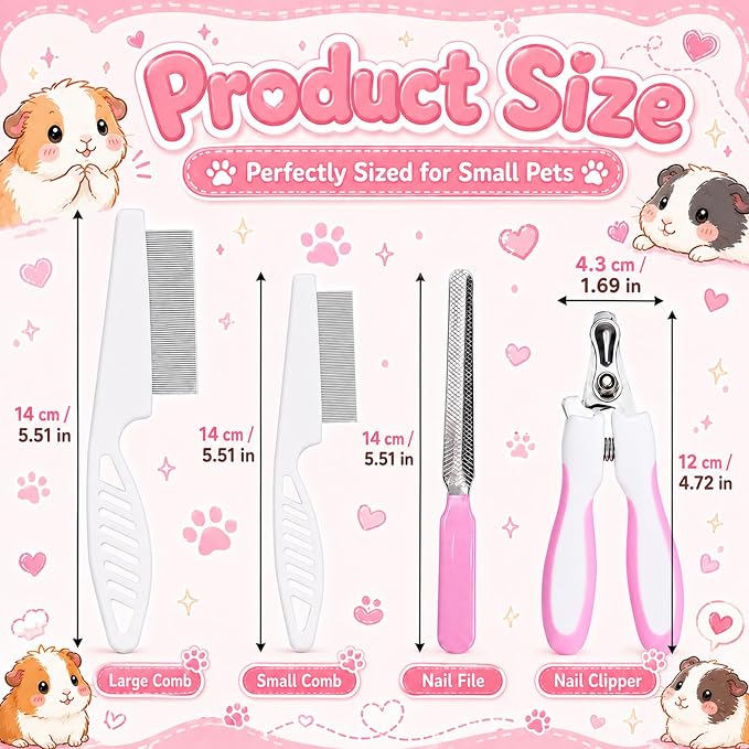 Guinea Pig Brush Kit Hamster Cleaning Grooming Comb with Nail Clipper Trimmer, Nail Files - Professional Small Animal Grooming Tool for Rabbit, Bunny, Puppy, Kitten, Ferret