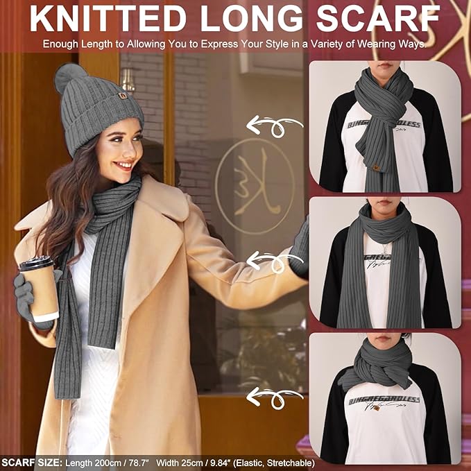 UMIPUBO Winter Beanie Hats Scarf Touch Screen Gloves Fuzzy Socks Ear Muffs 5pcs Set for Women Winter Ski Outing Set