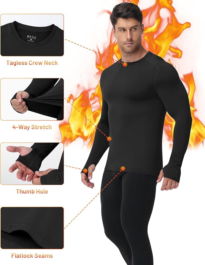 Moozava Mens Thermal Long Sleeve Shirt Fleece Lined Compression Base Layer Top Cold Weather Gear Hunting Athletic Undershirt