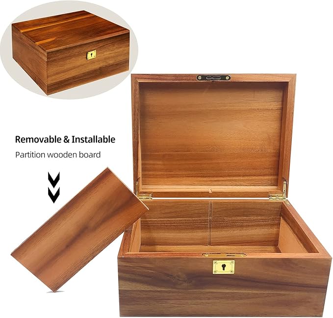 Large Wood Storage Box Decorative Wooden Box with Hinged Lid and Locking Key Premium Acacia Keepsake Chest Box Memory Gift Wooden Stash Boxes 11 X 8.5 X 5 Inches