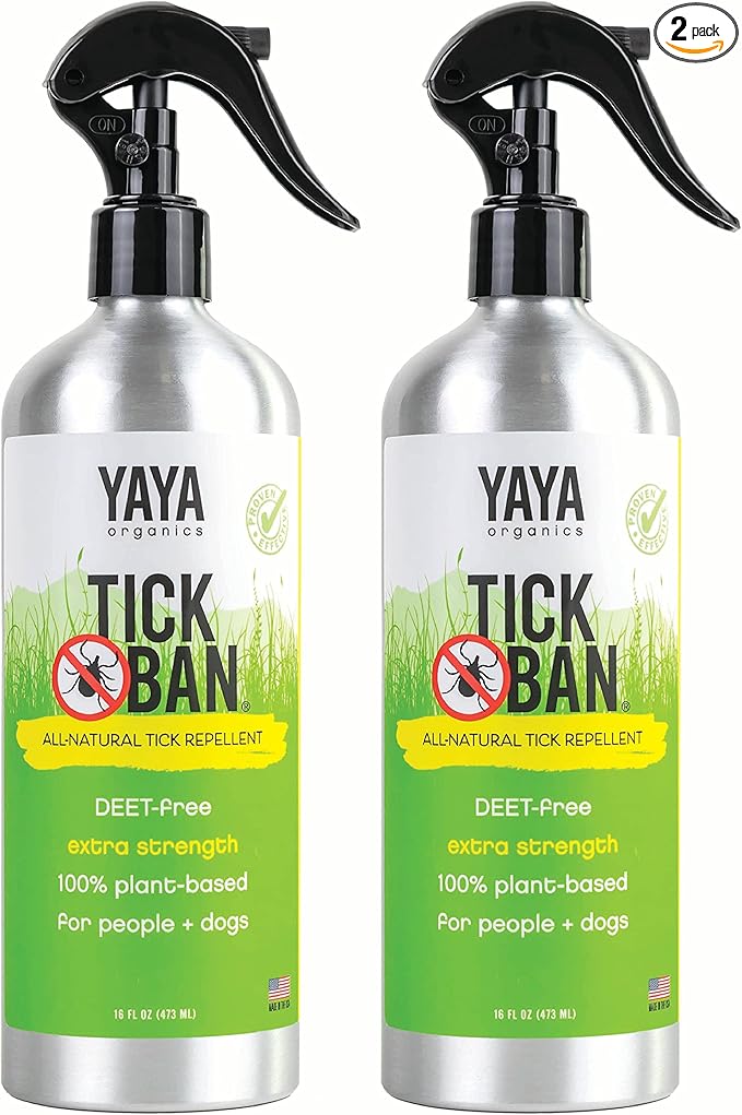 Yaya Organics Tick Ban | Extra Strength Tick Repellent Made with Essential Oils and All Natural, DEET Free Ingredients | Proven Effective, Safe for Adults, Kids and Dogs | 16 Ounce (2 Pack)