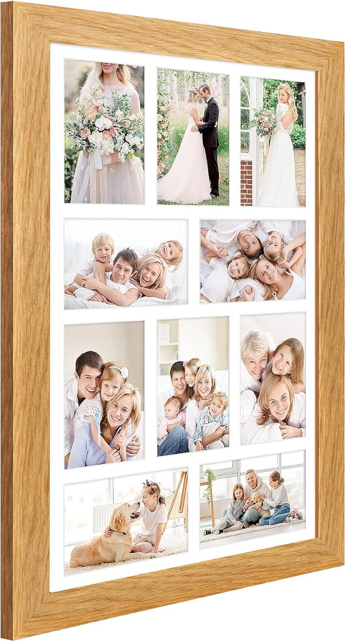 13x21 Picture Frame Display 10 opening 4X6 Picture Frame Collage,Multi Photo Frame with Mat,Plexiglass,Wall Mount Decor,Natural Wood Grain