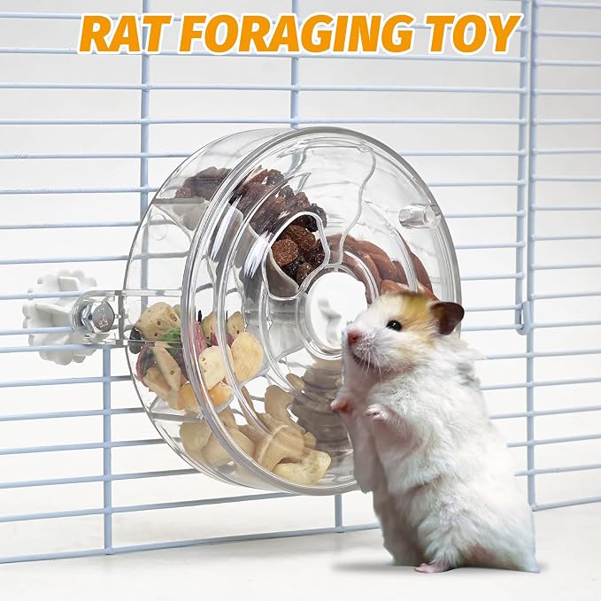 VCEPJH Rat Foraging Toy Interactive Slow Feeder with Transparent Rotating Treat Dispenser Wheel for Enrichment Activities Pet Rat Cage Accessories Ideal for Syrian Hamster Gerbil Mice (White)