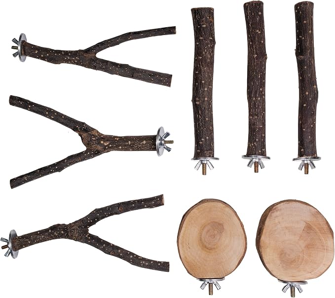 8PCS Bird Perches Set Natural Apple Wood Bird Cage Accessories Wooden Parrot Stand Hardwood Branches for Parakeets, Budgies, Cockatiels Small Bird Habitat Gym, Climbing Stand & Safe Chew Toys
