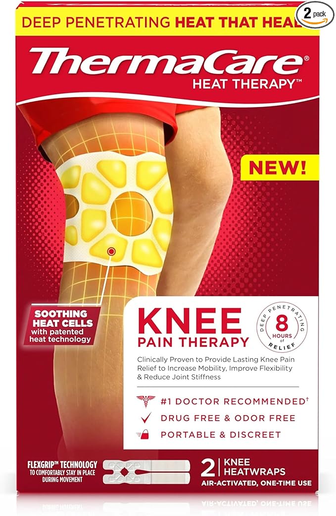 ThermaCare Knee HeatWraps - Targeted Knee Pain Relief with 8-Hour Therapeutic Heat - Flexible, Discreet, Drug-Free Portable Heat Therapy (2-Count)