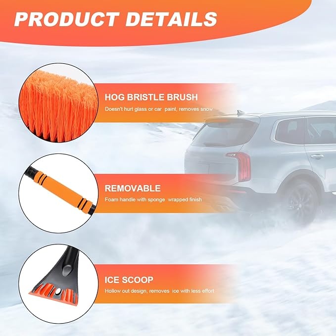 Snow Brush and Ice Scraper for Car Windshield, 23.6" Scratch Free Auto Scraper Soft Bristle Brush with Ergonomic Grip, Detachable Winter Snow Removal Tool for Cars Trucks SUVs (Orange)