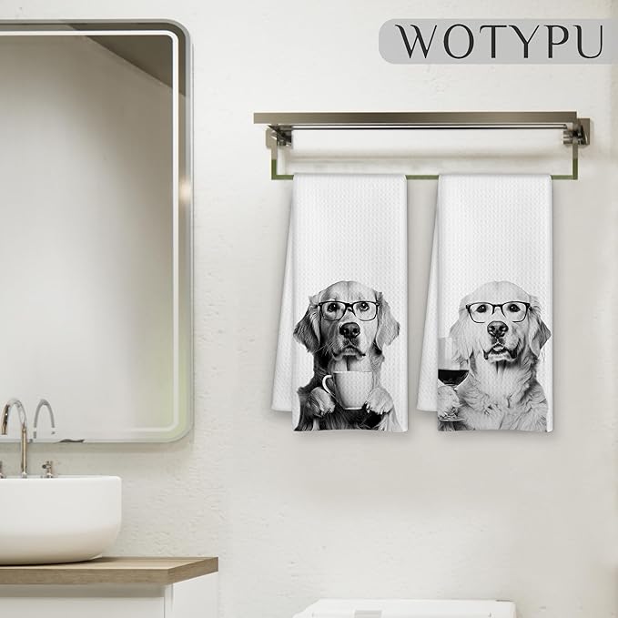Funny Golden Retriever Kitchen Bar Towels, Golden Retriever Gifts for Women Men, Wine Coffee Lover Gifts Decorative Hand Towels for Kitchen Bar Cart Decor, 16x24 Inch Set of 2