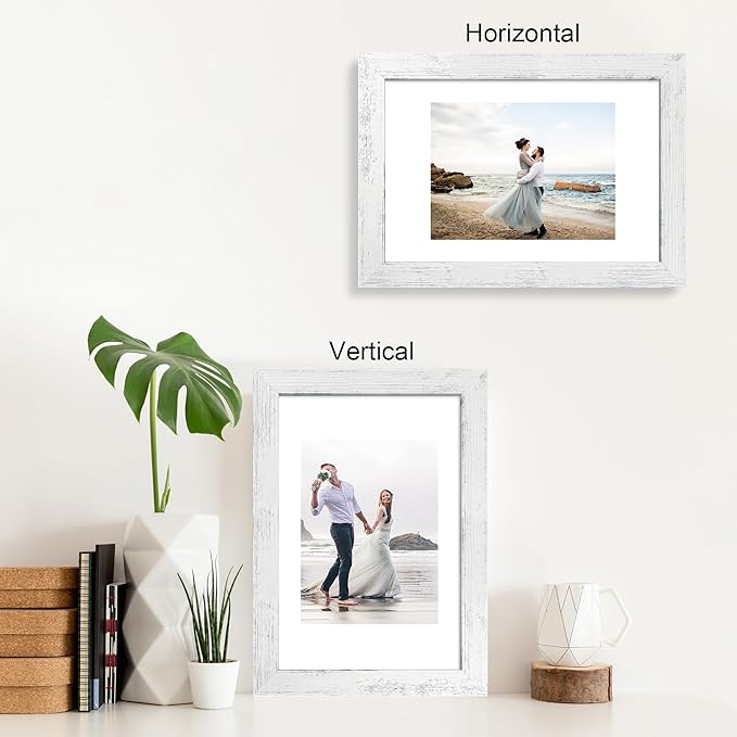 iRahmen 8x12 Picture Frame Set of 4 with High Definition Glass, Distressed White Frame Display 6x8 Picture with Mat or 8 x 12 Without Mat, Wood Rustic Photo Frames for Tabletop and Wall Mounting