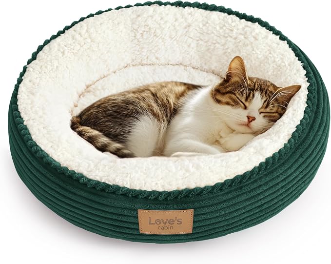 Love's cabin Round Donut Cat and Dog Cushion Bed, 20in Pet Bed for Cats or Small Dogs, Anti-Slip & Water-Resistant Bottom, Super Soft Durable Fabric Pet beds, Washable Luxury Bed Dark Green