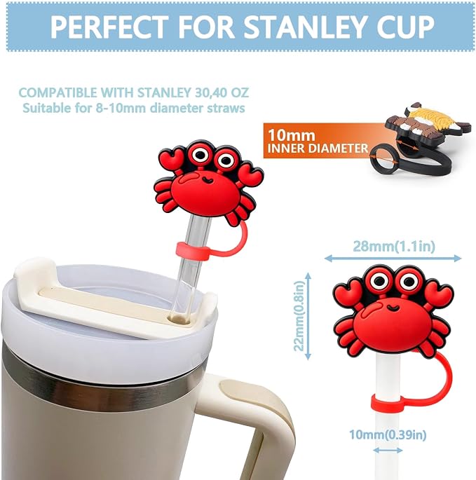 Animal Straw Toppers For Stanley Cups;Straw Covers Cap Toppers Compatible With Stanley 30&40 Oz Tumbler, Reusable & Silicone Tumbler Straws Topper For 0.4 Inch Tips Animal Lover Gifts (Red Crab)