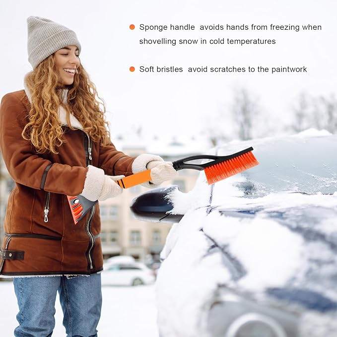 Snow Brush and Ice Scraper for Car Windshield, 23.6" Scratch Free Auto Scraper Soft Bristle Brush with Ergonomic Grip, Detachable Winter Snow Removal Tool for Cars Trucks SUVs (Orange)