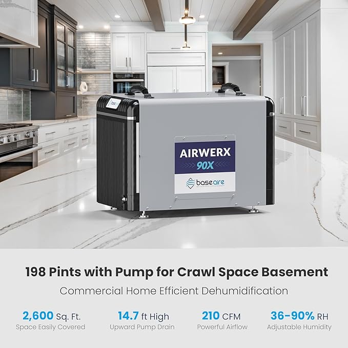 BaseAire 198 Pints Dehumidifier with Pump for Crawl Space, Basement, Portable AirWerx90X Commercial Dehumidifier for Whole Home, Intelligent Humidity Control, Auto Shut off Restart